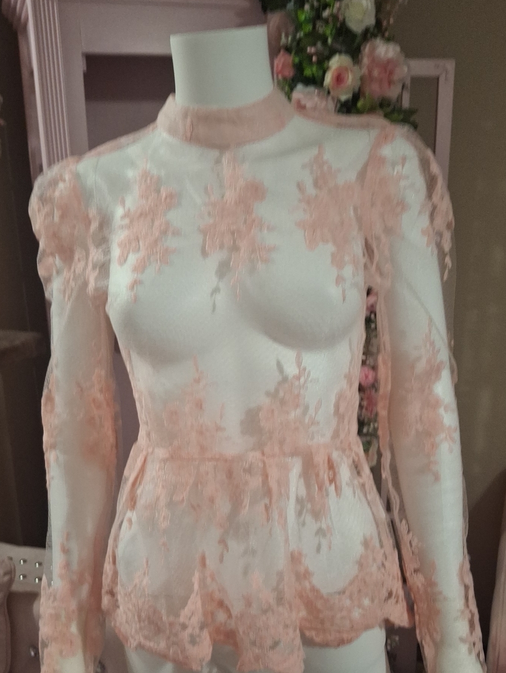 Eilly Bazar Women's Blush Pink Sheer Lace Peplum Long Sleeve Top NWOT Size S